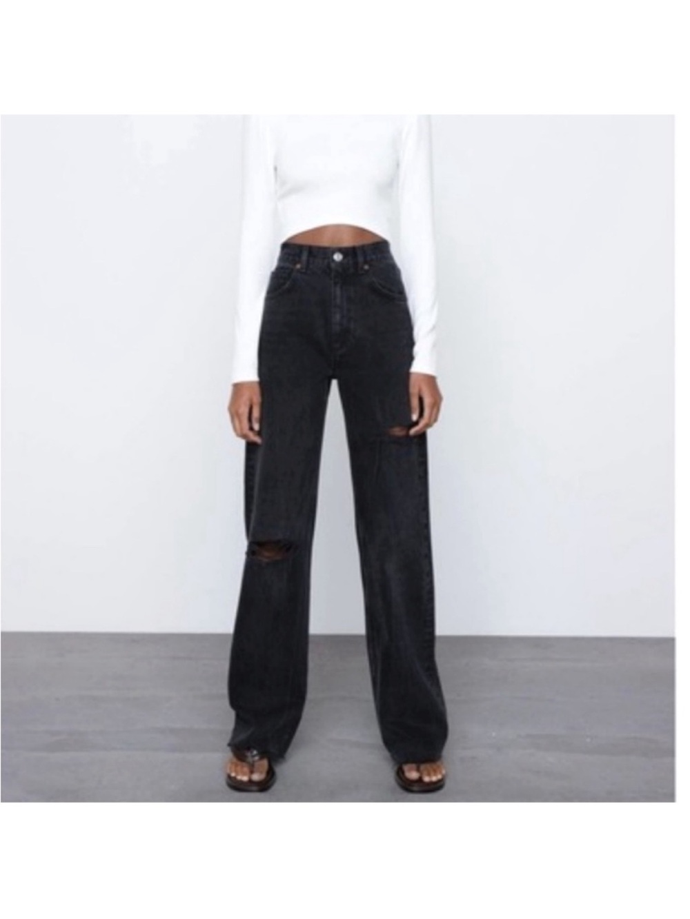 NWT Zara High-Rise Wide Leg Full Length Distressed Black Jeans 2